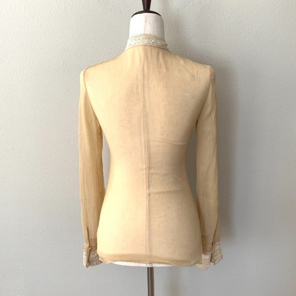Elie Tahari Romantic Silk Beige Blouse With Lace Panels and Button Detail - Picture 5 of 7